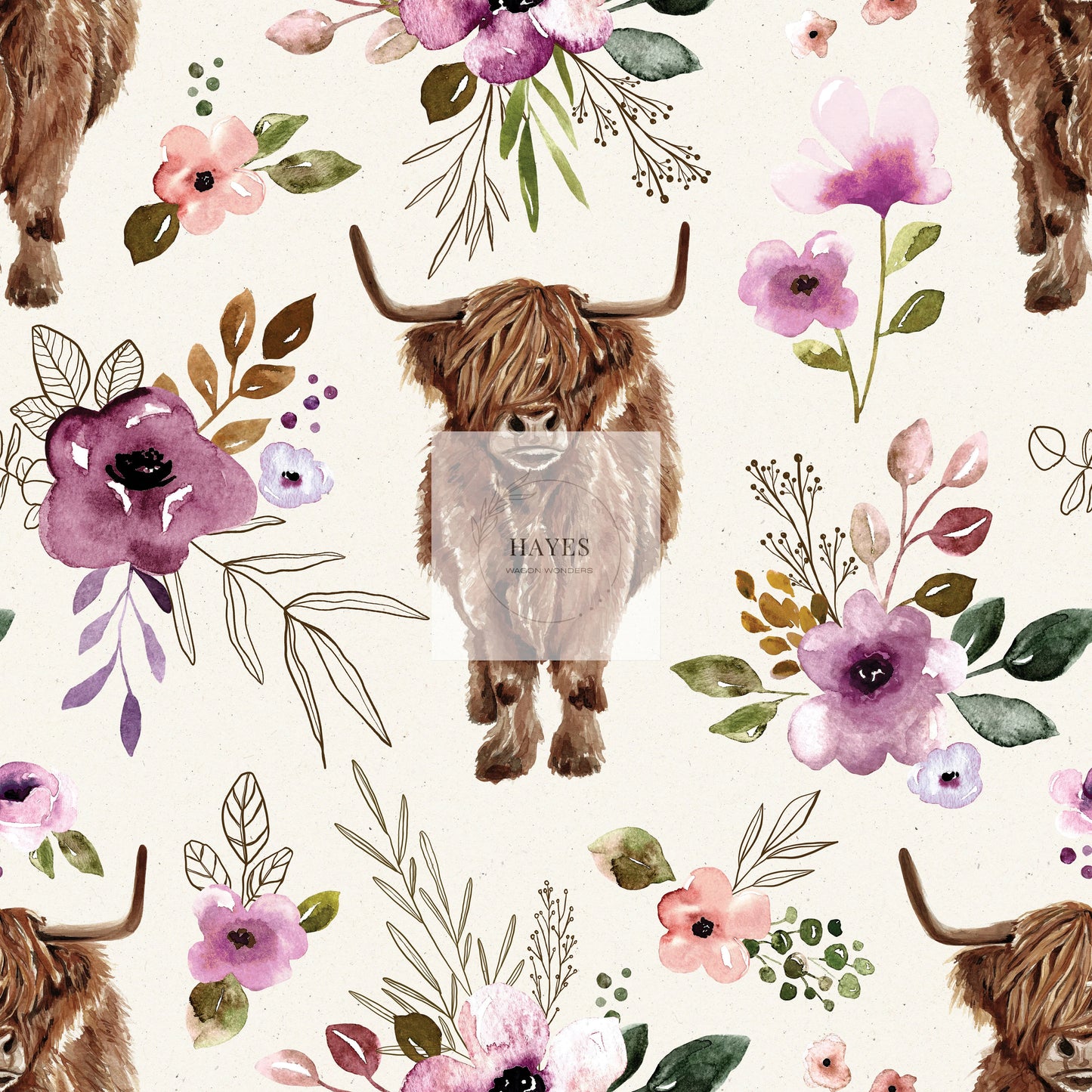 Purple Floral Highland Cow UPF 50+ Sun Protection, Custom Fabric, Wonderfold/Joymor/Rainbow Baby Canopy