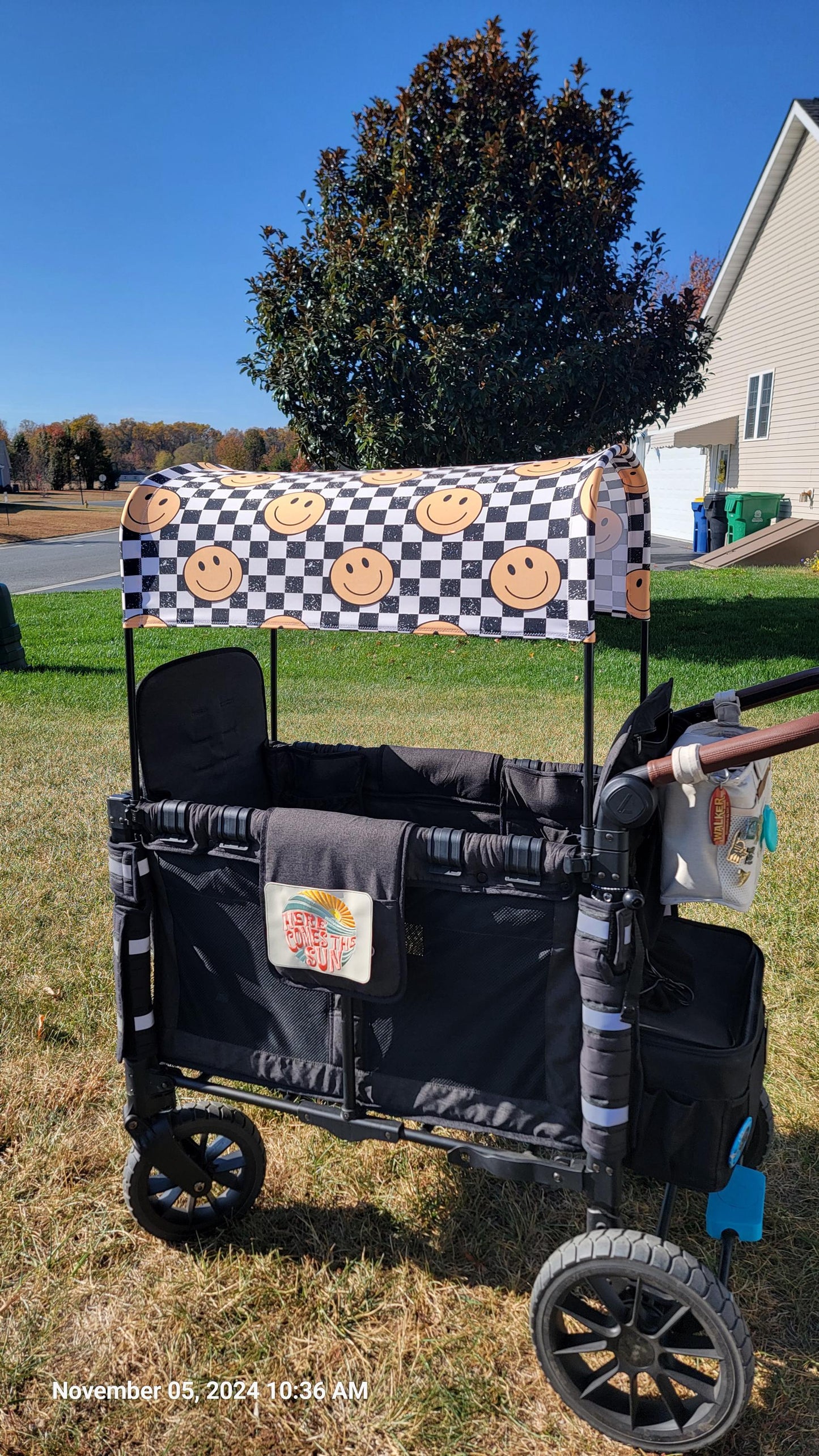 Checker Smiley Face UPF 50+ Sun Protection, Custom Fabric, Wonderfold/Joymor/Rainbow Baby Canopy